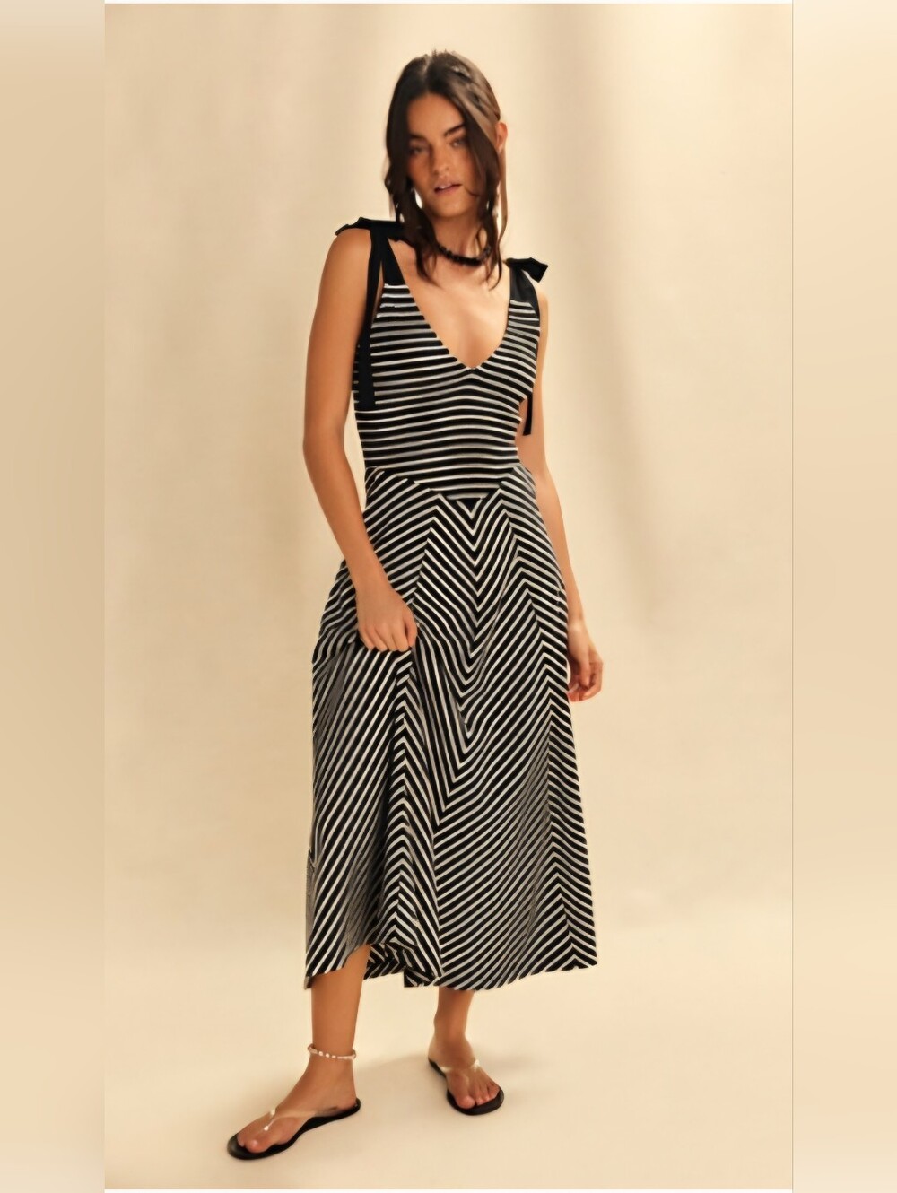Free People Black & White Striped Tie-Shoulder Midi Dress